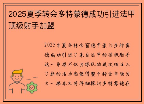 2025夏季转会多特蒙德成功引进法甲顶级射手加盟